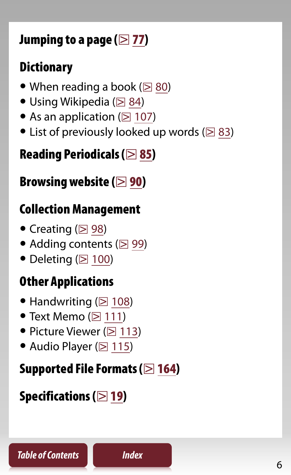 Jumping to a page (  77 ) dictionary, Other applications | Sony READER DAILY EDITION PRS-950 User Manual | Page 6 / 175