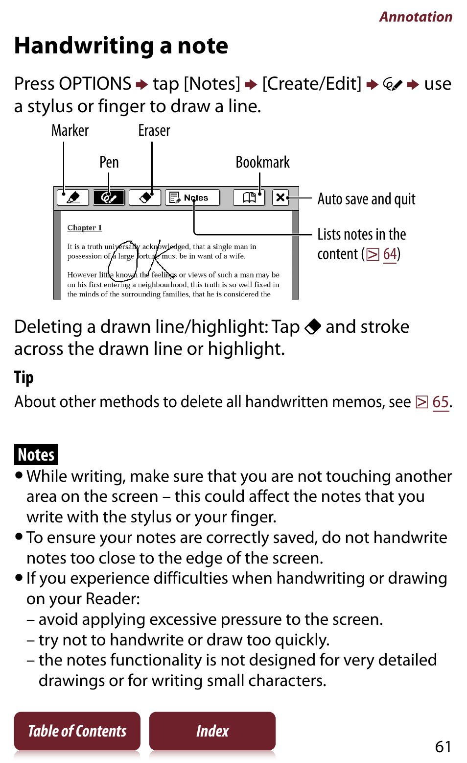 Handwriting a note, Tion, Tions | Sony READER DAILY EDITION PRS-950 User Manual | Page 61 / 175