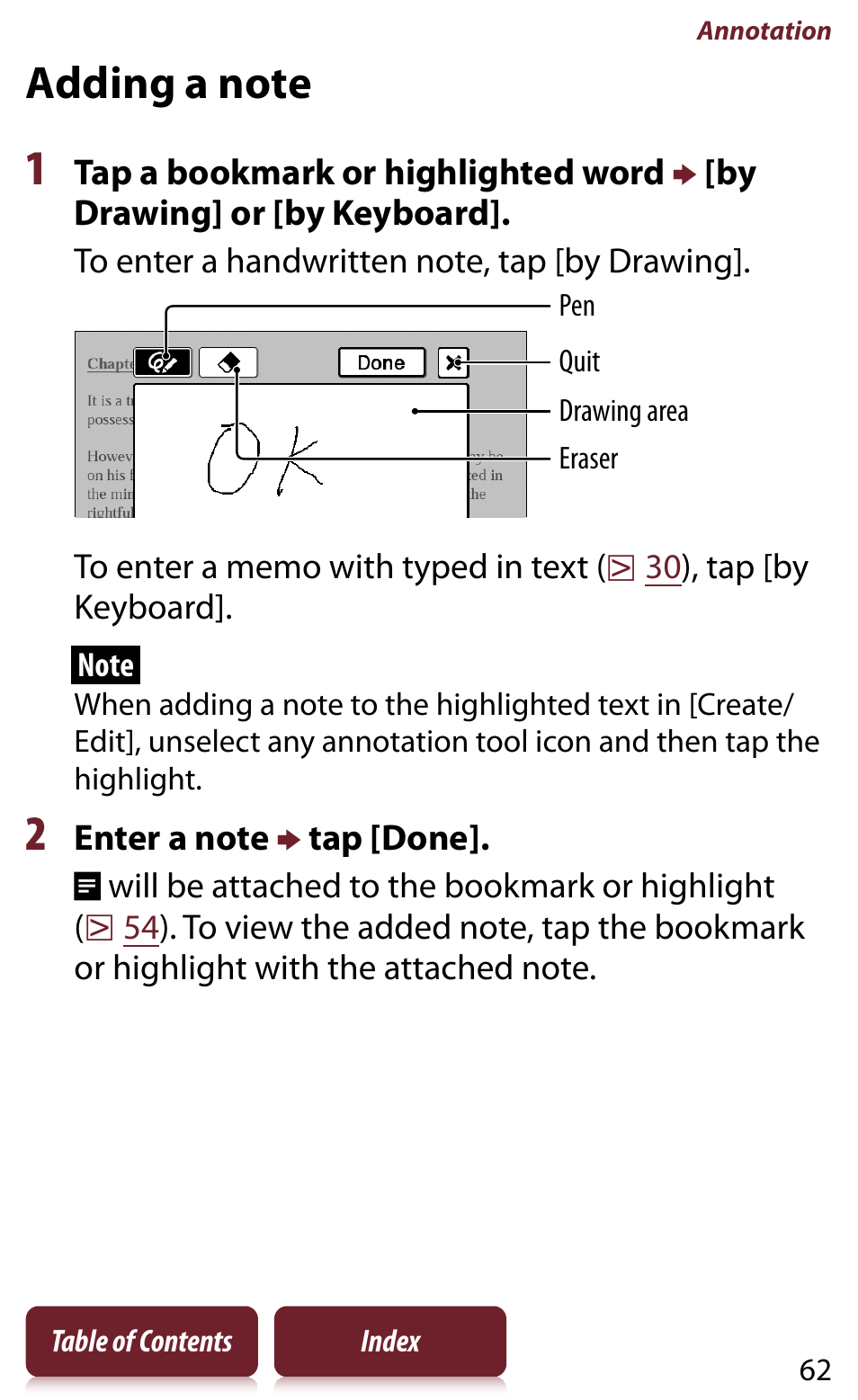 Adding a note | Sony READER DAILY EDITION PRS-950 User Manual | Page 62 / 175