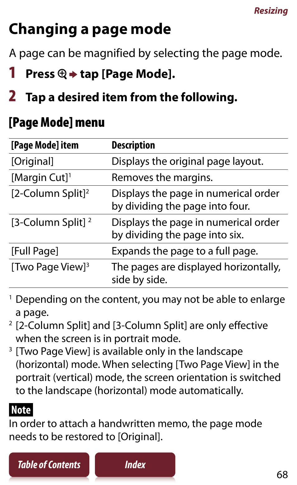 Olumn split mode, Mode, Changing a page mode | Page mode] menu, Press  tap [page mode, Tap a desired item from the following, A page can be magnified by selecting the page mode | Sony READER DAILY EDITION PRS-950 User Manual | Page 68 / 175