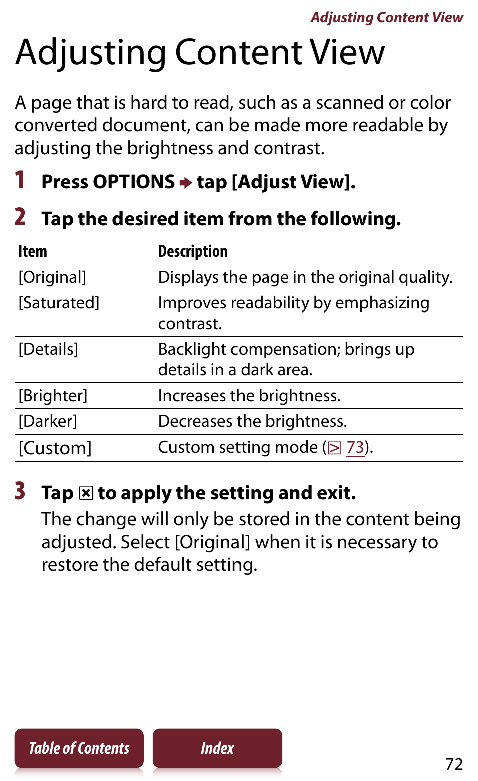 Adjusting content view | Sony READER DAILY EDITION PRS-950 User Manual | Page 72 / 175