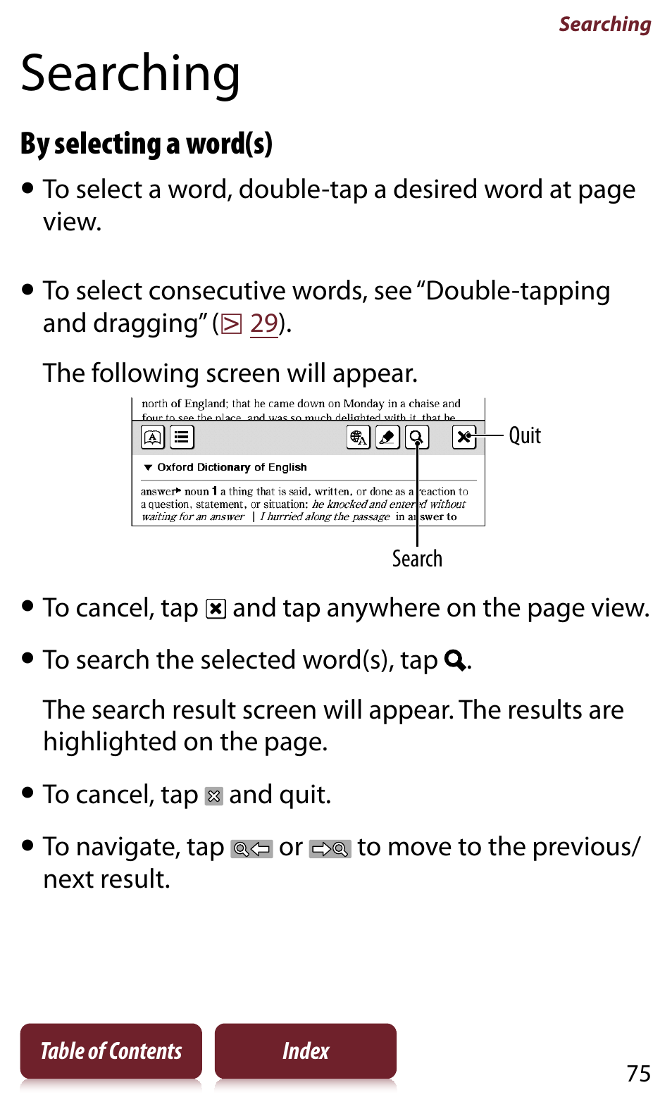 Searching, By selecting a word(s) | Sony READER DAILY EDITION PRS-950 User Manual | Page 75 / 175