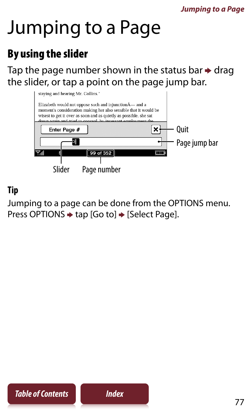 Jumping to a page, By using the slider | Sony READER DAILY EDITION PRS-950 User Manual | Page 77 / 175