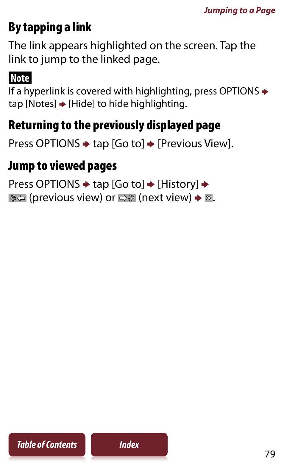 By tapping a link, Returning to the previously displayed page, Jump to viewed pages | Sony READER DAILY EDITION PRS-950 User Manual | Page 79 / 175