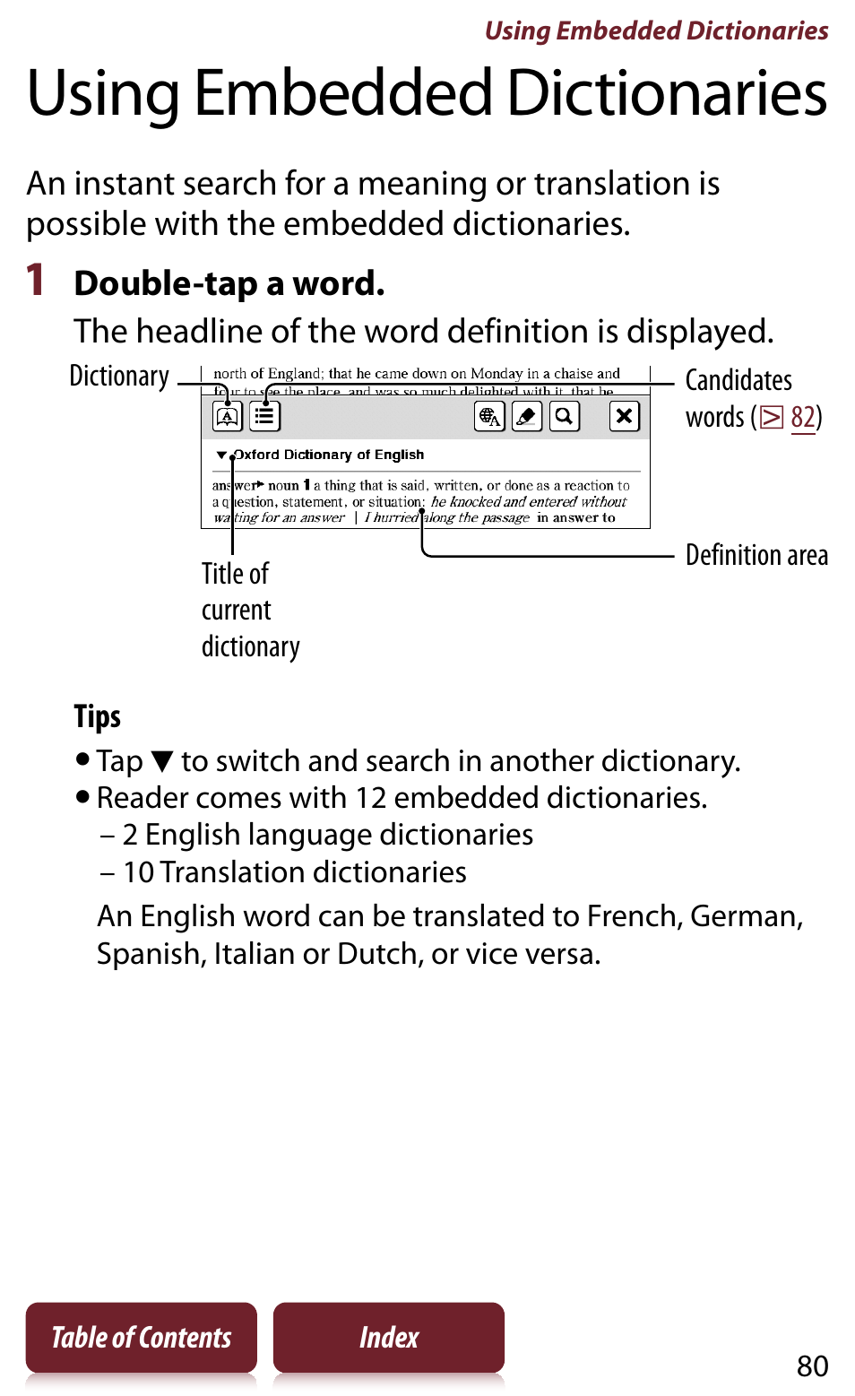 Using embedded dictionaries | Sony READER DAILY EDITION PRS-950 User Manual | Page 80 / 175