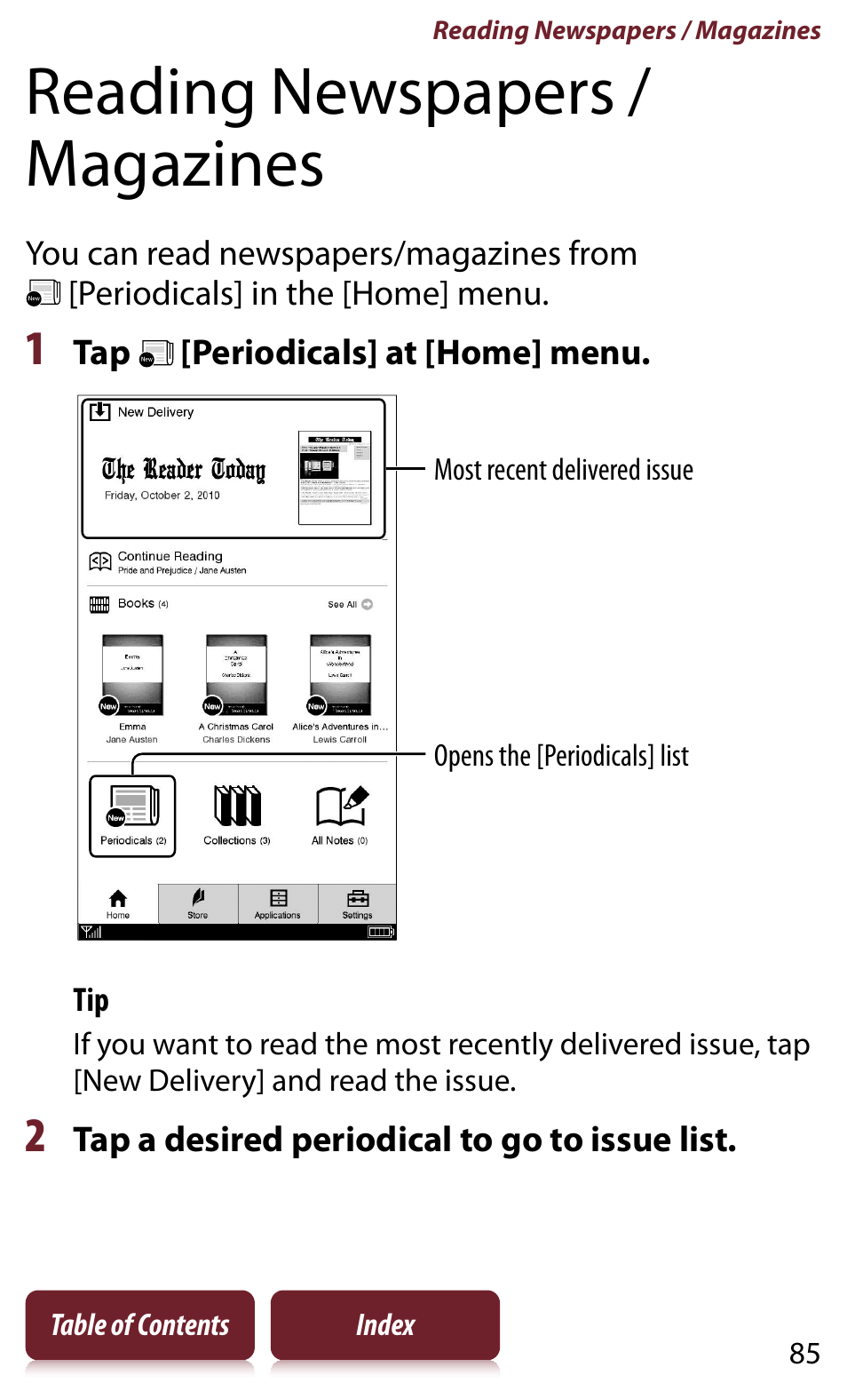 Reading newspapers / magazines, Als] list | Sony READER DAILY EDITION PRS-950 User Manual | Page 85 / 175