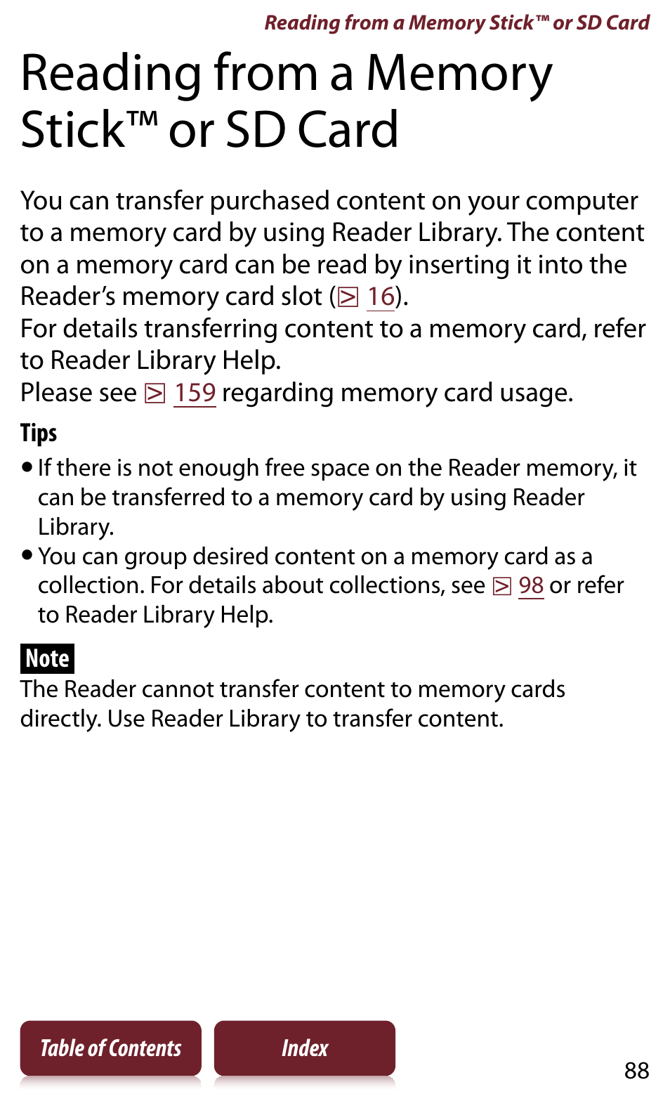 Reading from a memory stick™ or sd card | Sony READER DAILY EDITION PRS-950 User Manual | Page 88 / 175