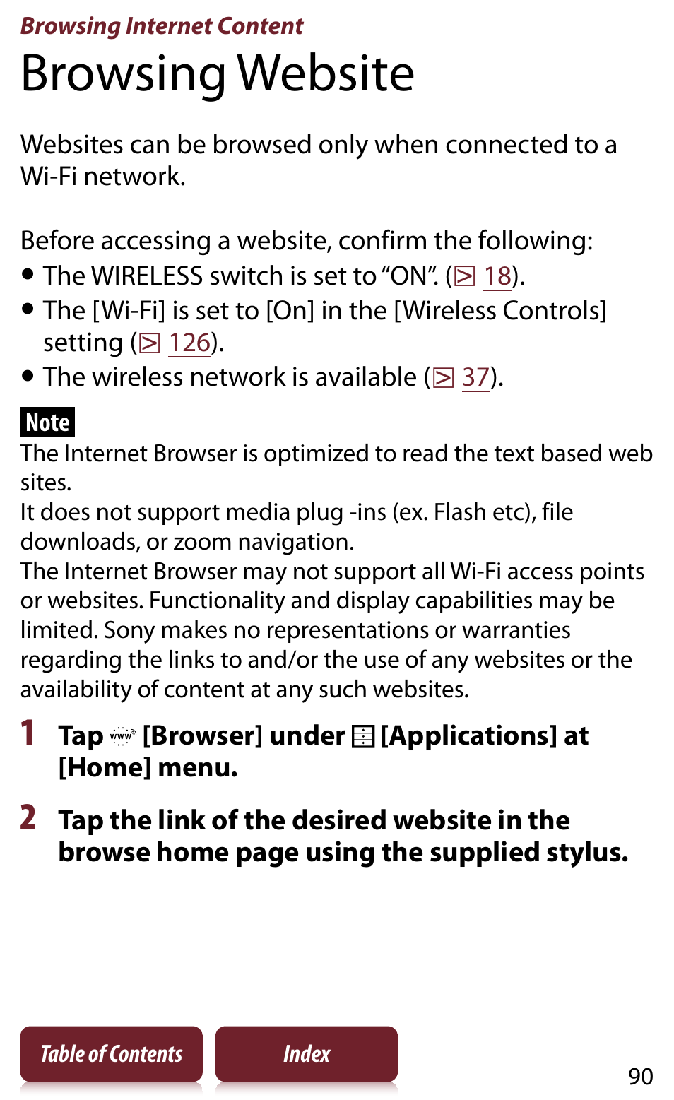 Browsing internet content, Browsing website | Sony READER DAILY EDITION PRS-950 User Manual | Page 90 / 175