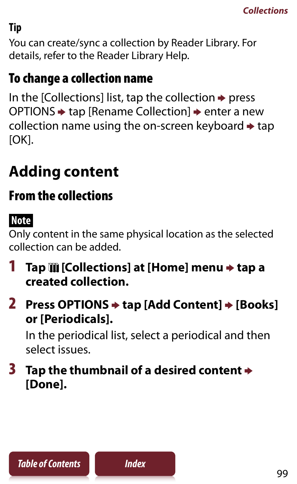 Adding content, Tion name | Sony READER DAILY EDITION PRS-950 User Manual | Page 99 / 175