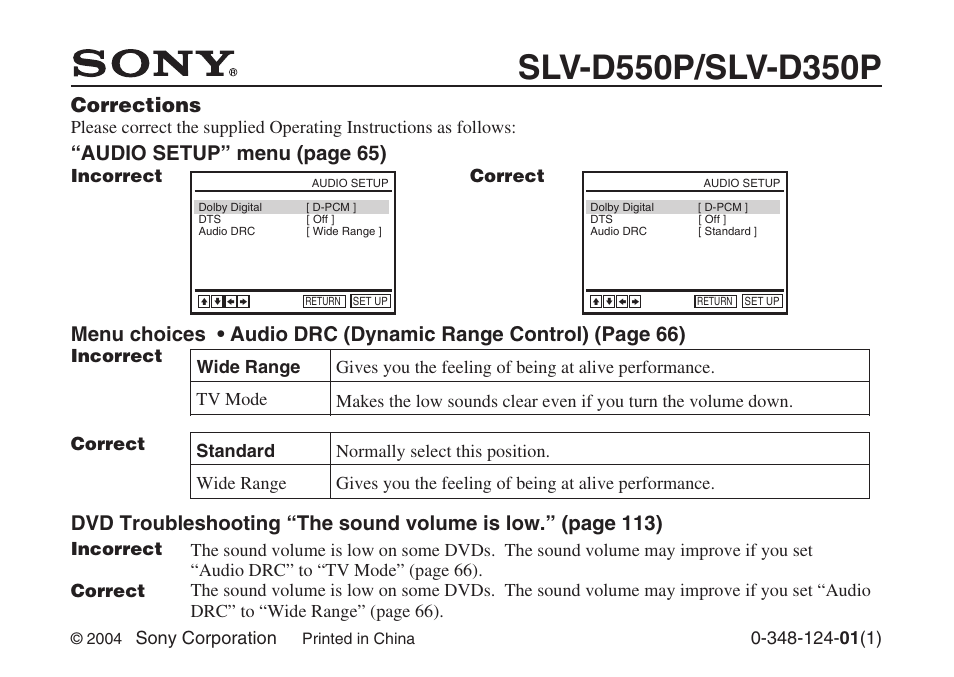 Manual corrections, Corrections, Audio setup” menu (page 65) | Sony SLV-D550P User Manual | Page 4 / 129