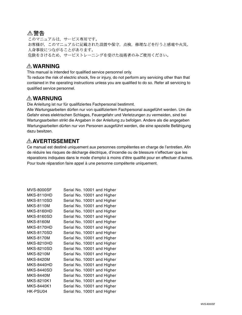 Warning, Warnung, Avertissement | Sony MVS8000SF-C User Manual | Page 2 / 72