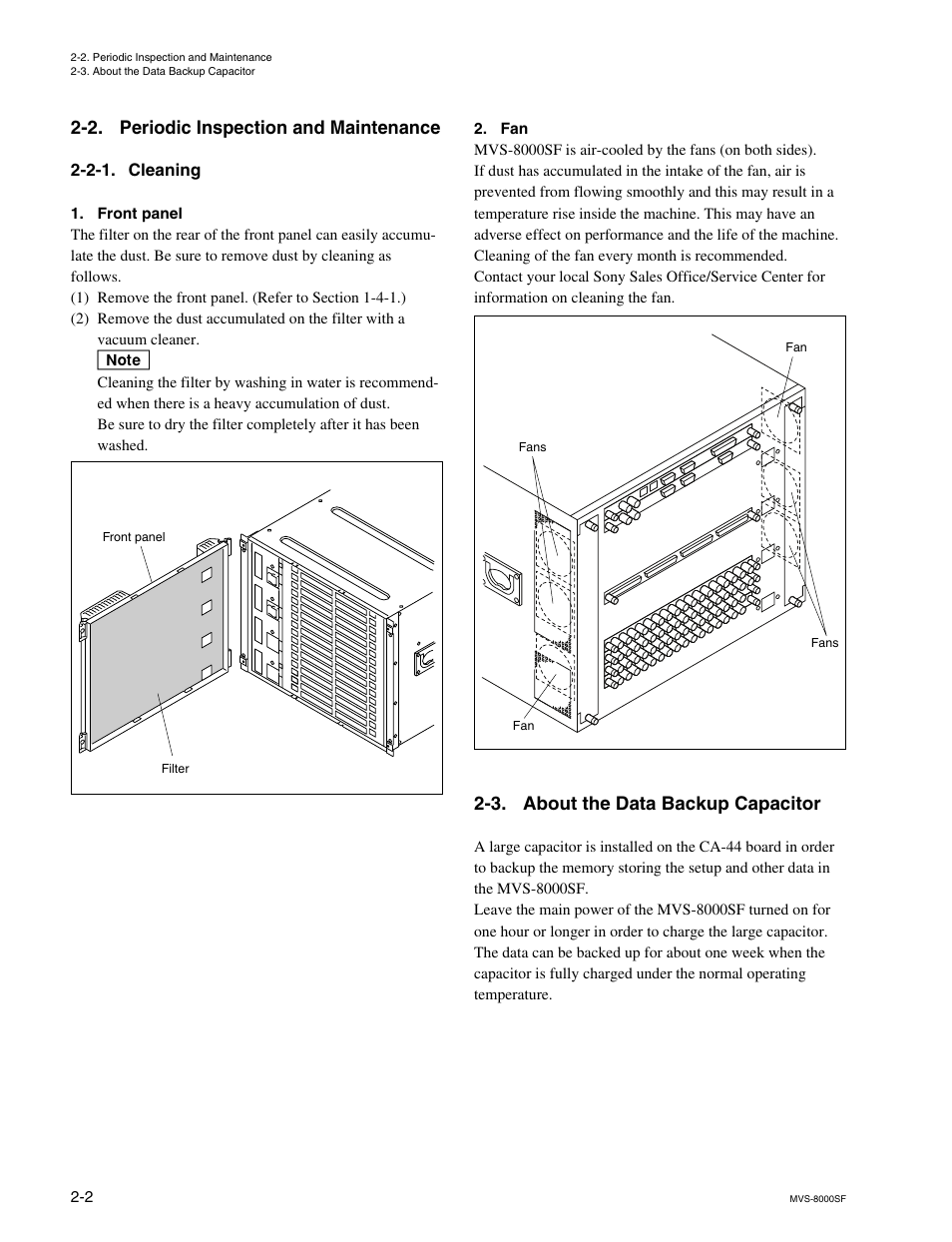 2. periodic inspection and maintenance, 2-1. cleaning, 3. about the data backup capacitor | Sony MVS8000SF-C User Manual | Page 70 / 72