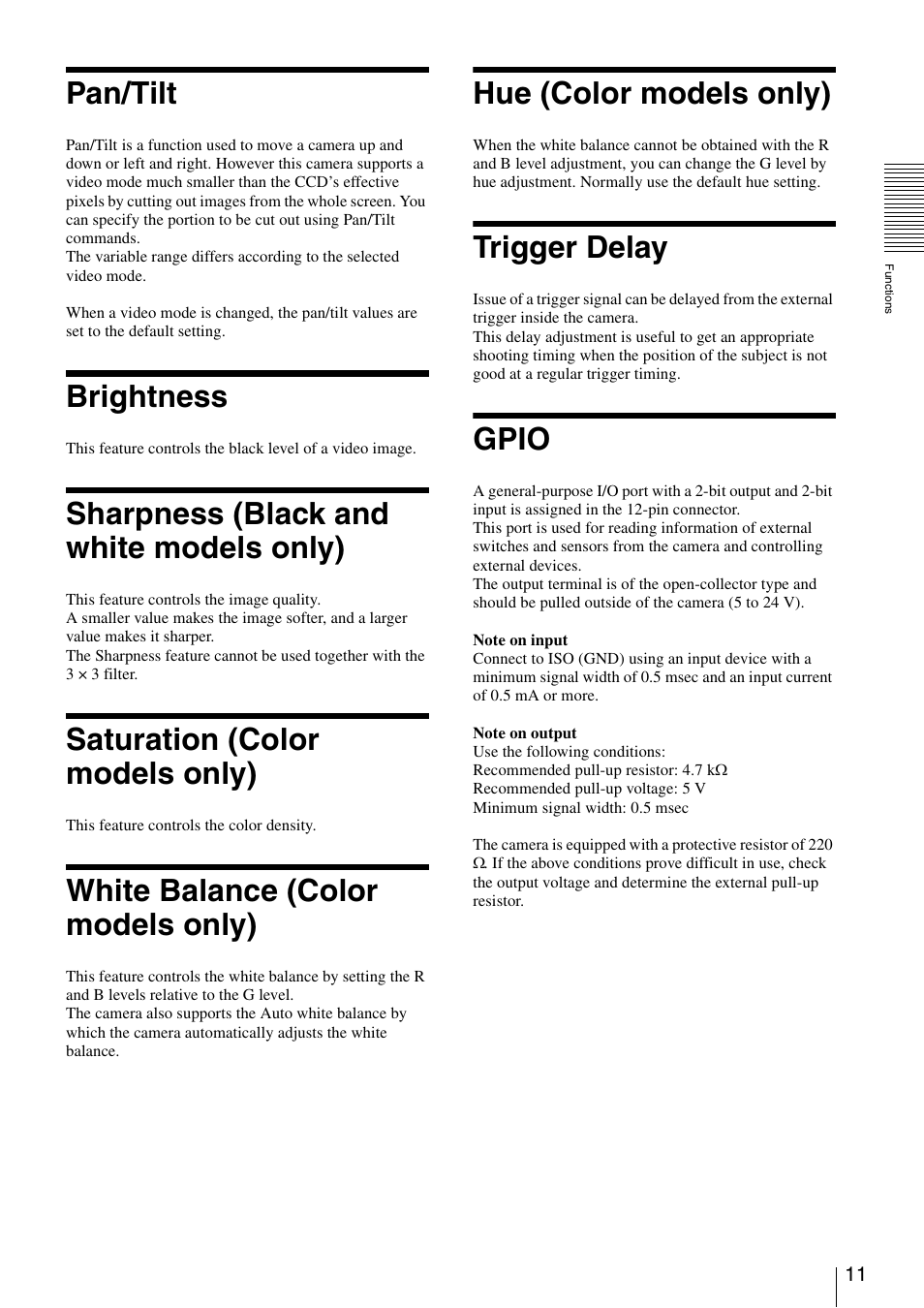 Pan/tilt, Brightness, Sharpness (black and white models only) | Saturation (color models only), White balance (color models only), Hue (color models only), Trigger delay, Gpio | Sony XCD-V60 User Manual | Page 11 / 38