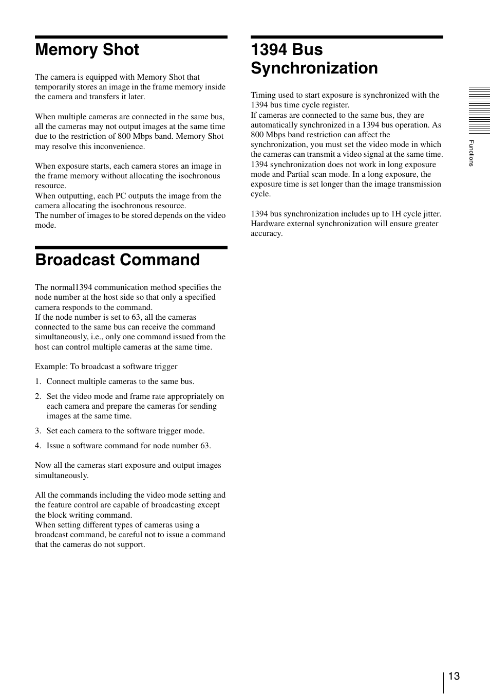 Memory shot, Broadcast command, 1394 bus synchronization | Sony XCD-V60 User Manual | Page 13 / 38