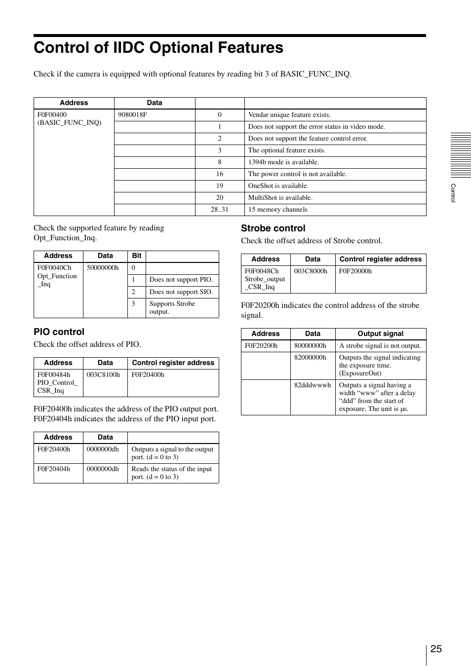 Control of iidc optional features, Pio control, Strobe control | Sony XCD-V60 User Manual | Page 25 / 38