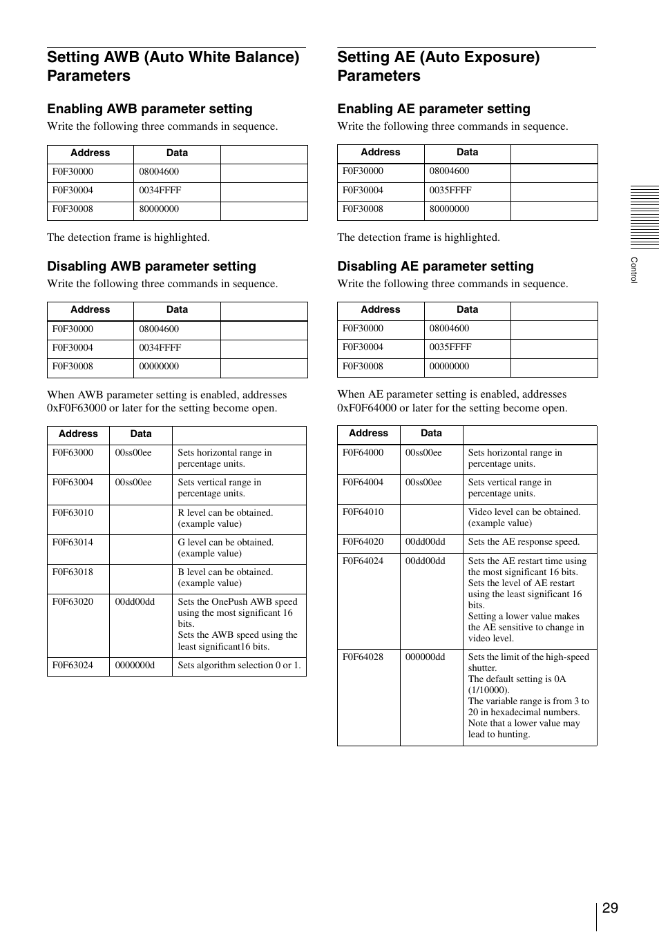 Setting awb (auto white balance) parameters, Setting ae (auto exposure) parameters, Enabling awb parameter setting | Disabling awb parameter setting, Enabling ae parameter setting, Disabling ae parameter setting | Sony XCD-V60 User Manual | Page 29 / 38