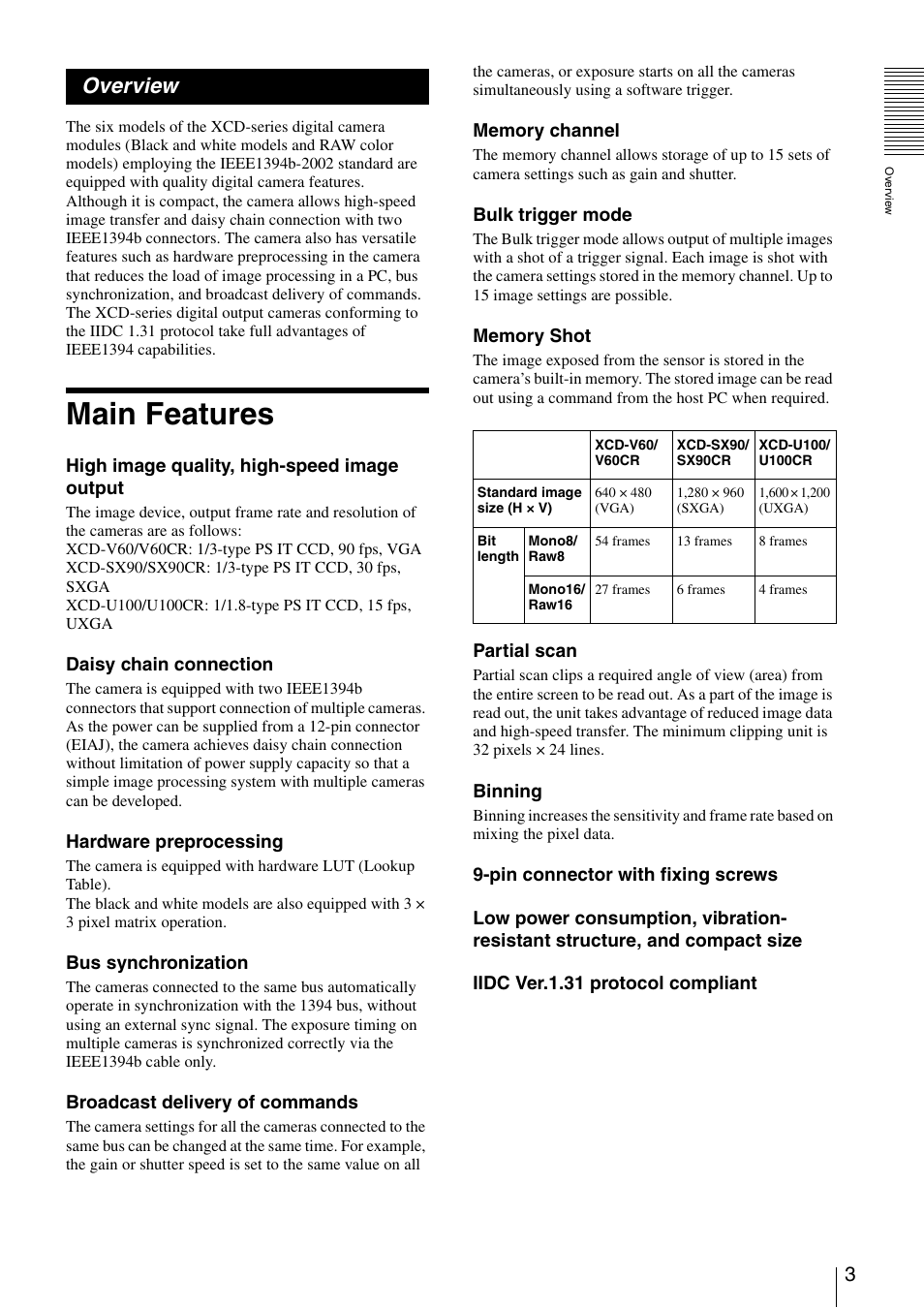 Overview, Main features | Sony XCD-V60 User Manual | Page 3 / 38