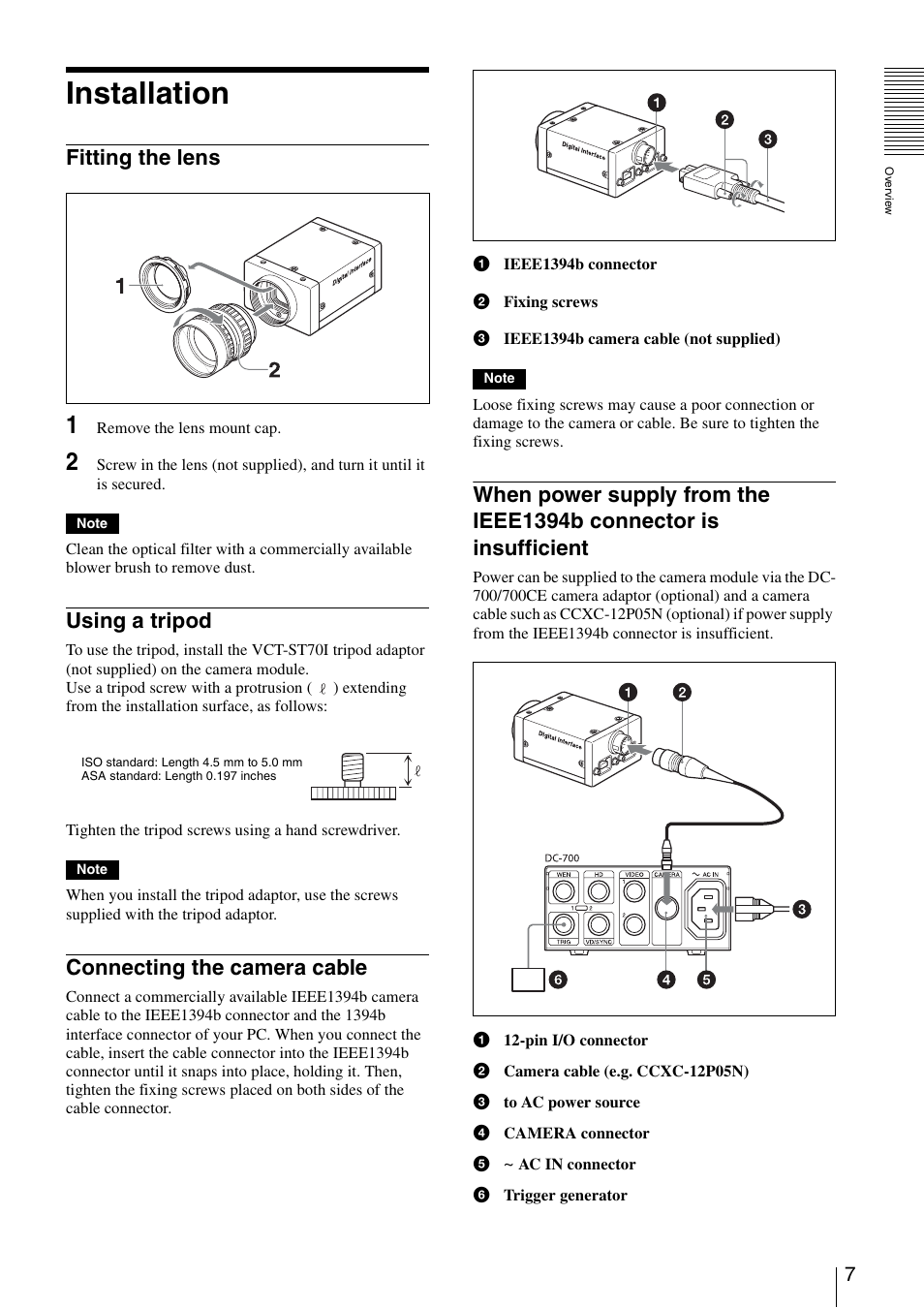 Installation, Fitting the lens, Using a tripod | Connecting the camera cable, Connector is insufficient | Sony XCD-V60 User Manual | Page 7 / 38