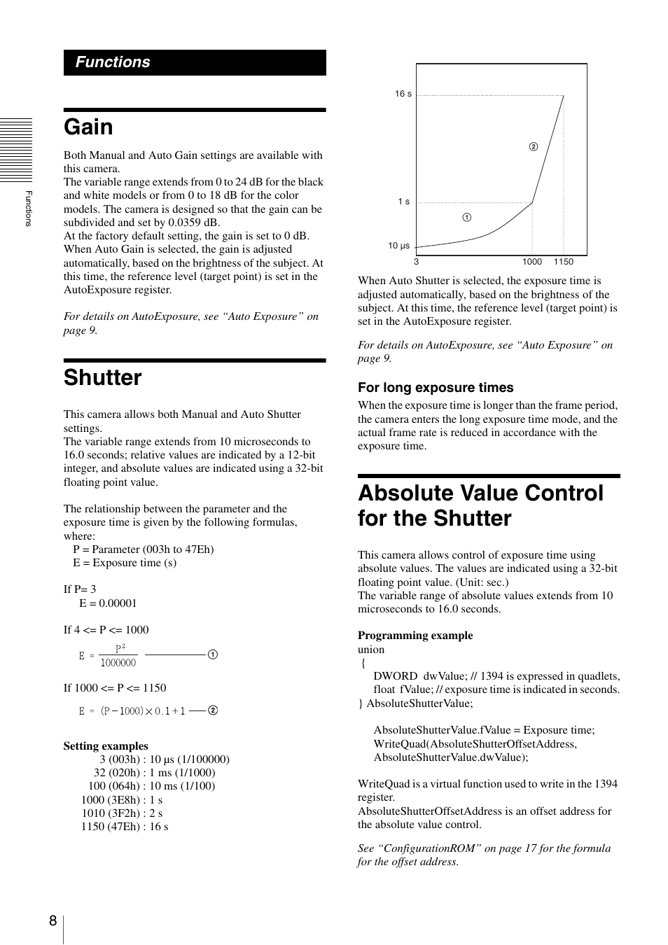 Functions, Gain, Shutter | Absolute value control for the shutter | Sony XCD-V60 User Manual | Page 8 / 38