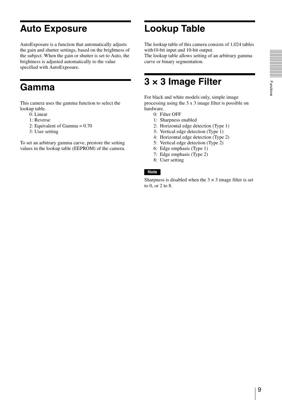 Auto exposure, Gamma, Lookup table | 3 x 3 image filter, 3 × 3 image filter | Sony XCD-V60 User Manual | Page 9 / 38