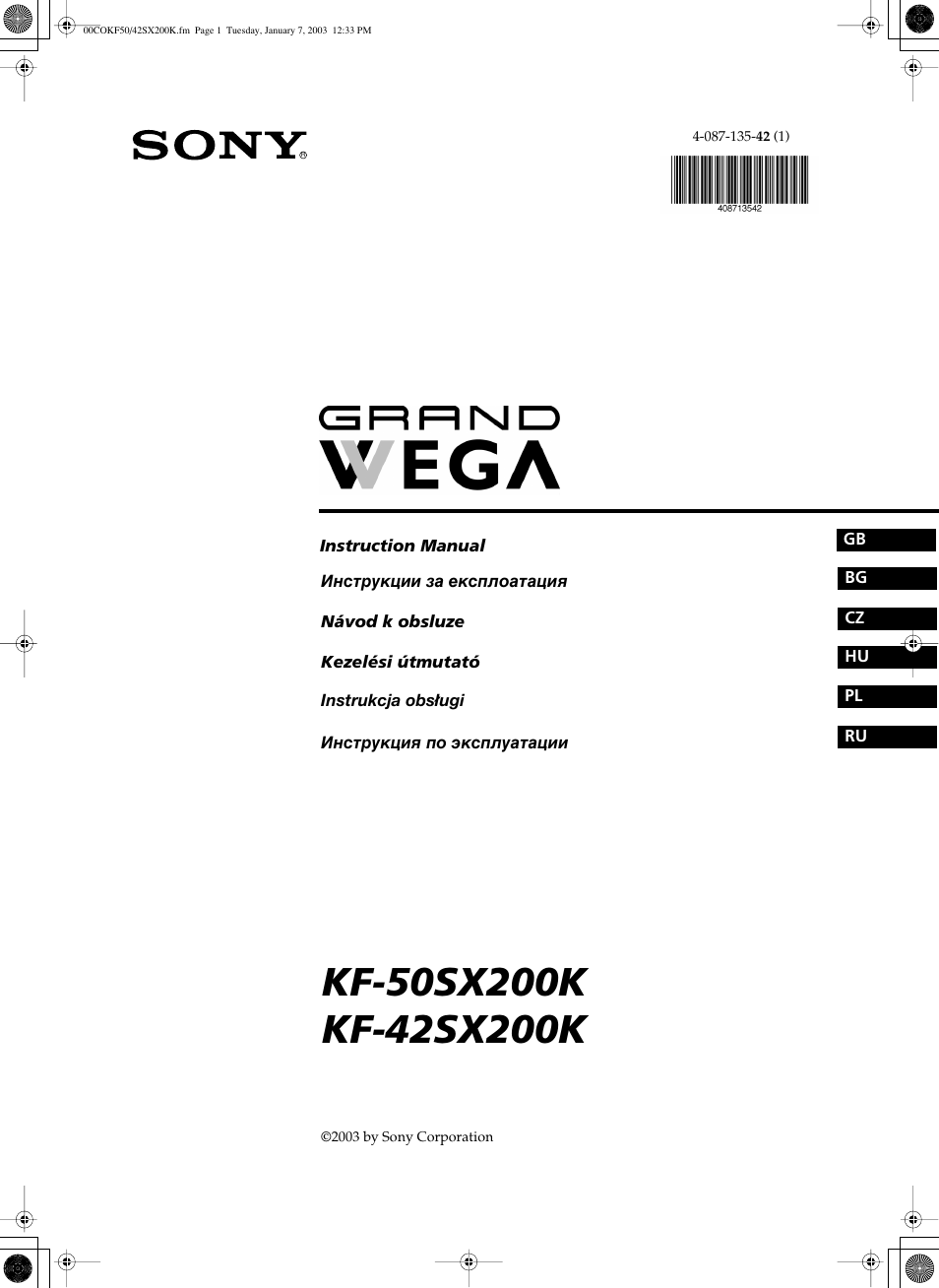 Sony Grand Wega KF-42SX200K User Manual | 212 pages