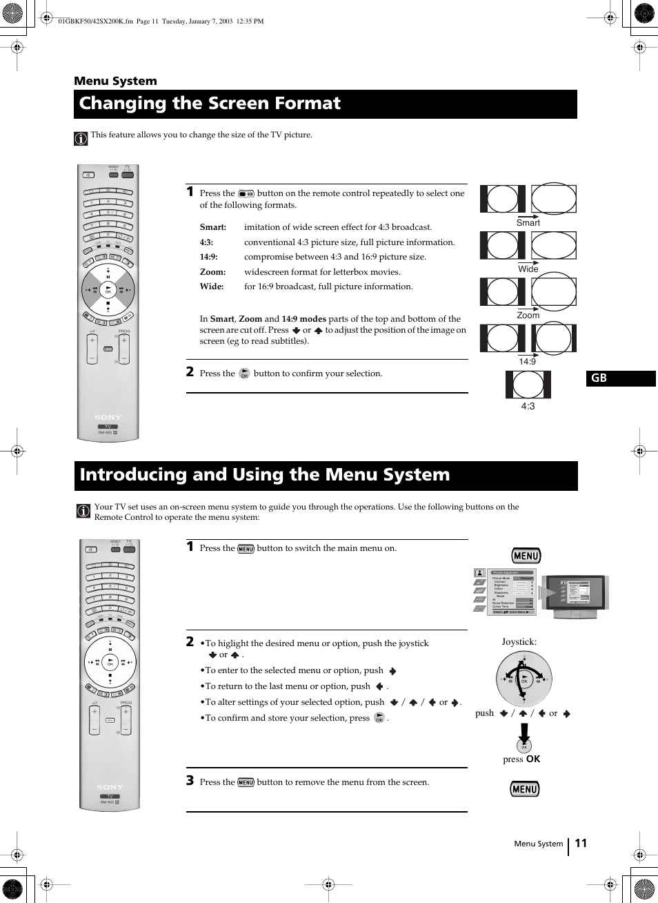 Changing the screen format, Introducing and using the menu system, 11 gb | Menu system | Sony Grand Wega KF-42SX200K User Manual | Page 10 / 212