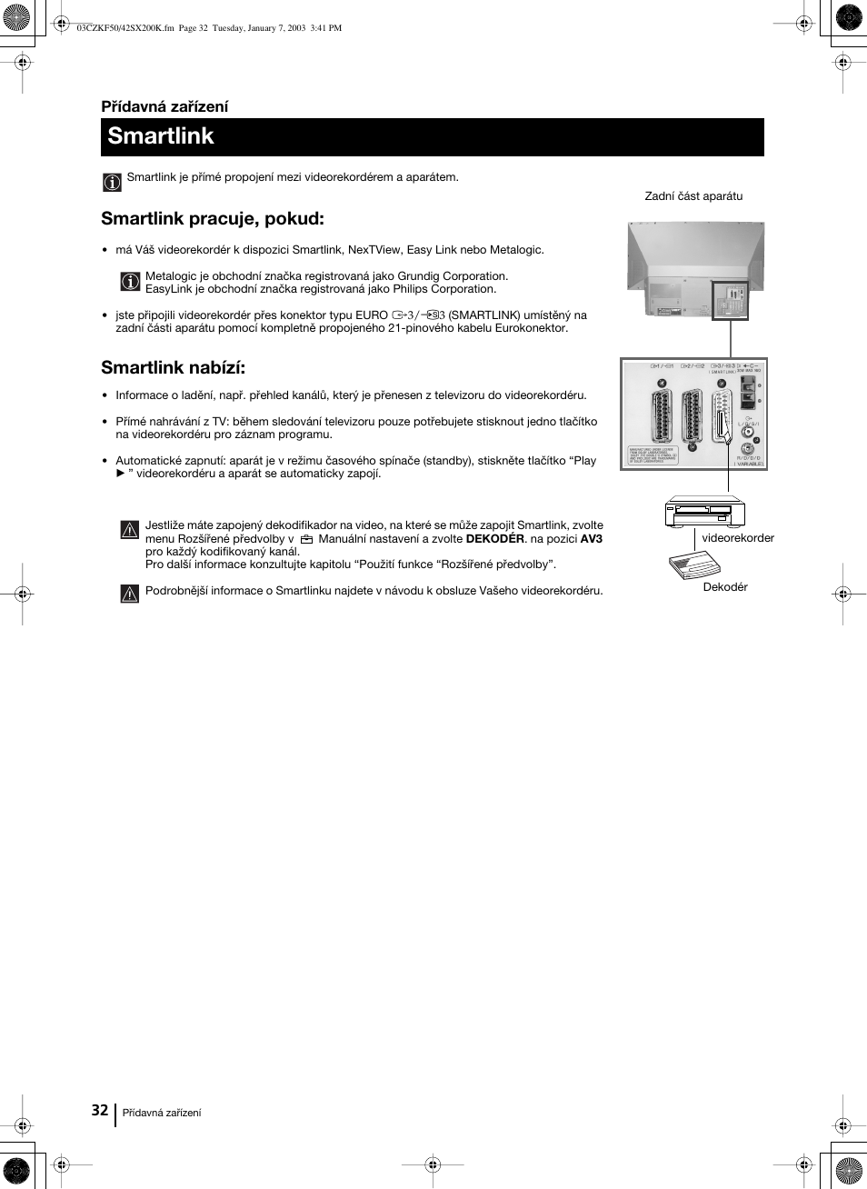 Smartlink, Smartlink pracuje, pokud, Smartlink nabízí | Přídavná zařízení | Sony Grand Wega KF-42SX200K User Manual | Page 101 / 212