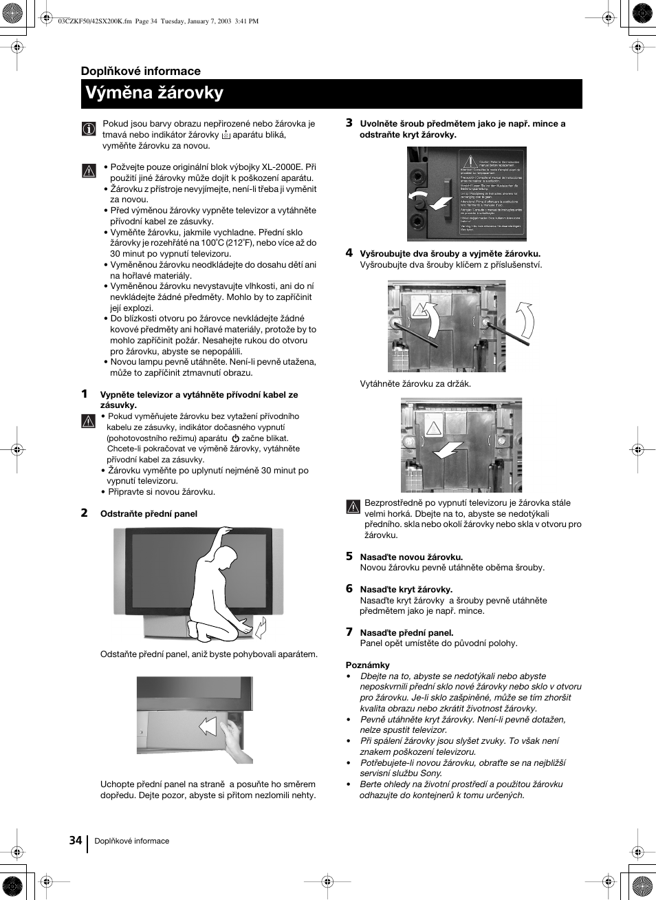 Výměna žárovky, Doplňkové informace | Sony Grand Wega KF-42SX200K User Manual | Page 103 / 212