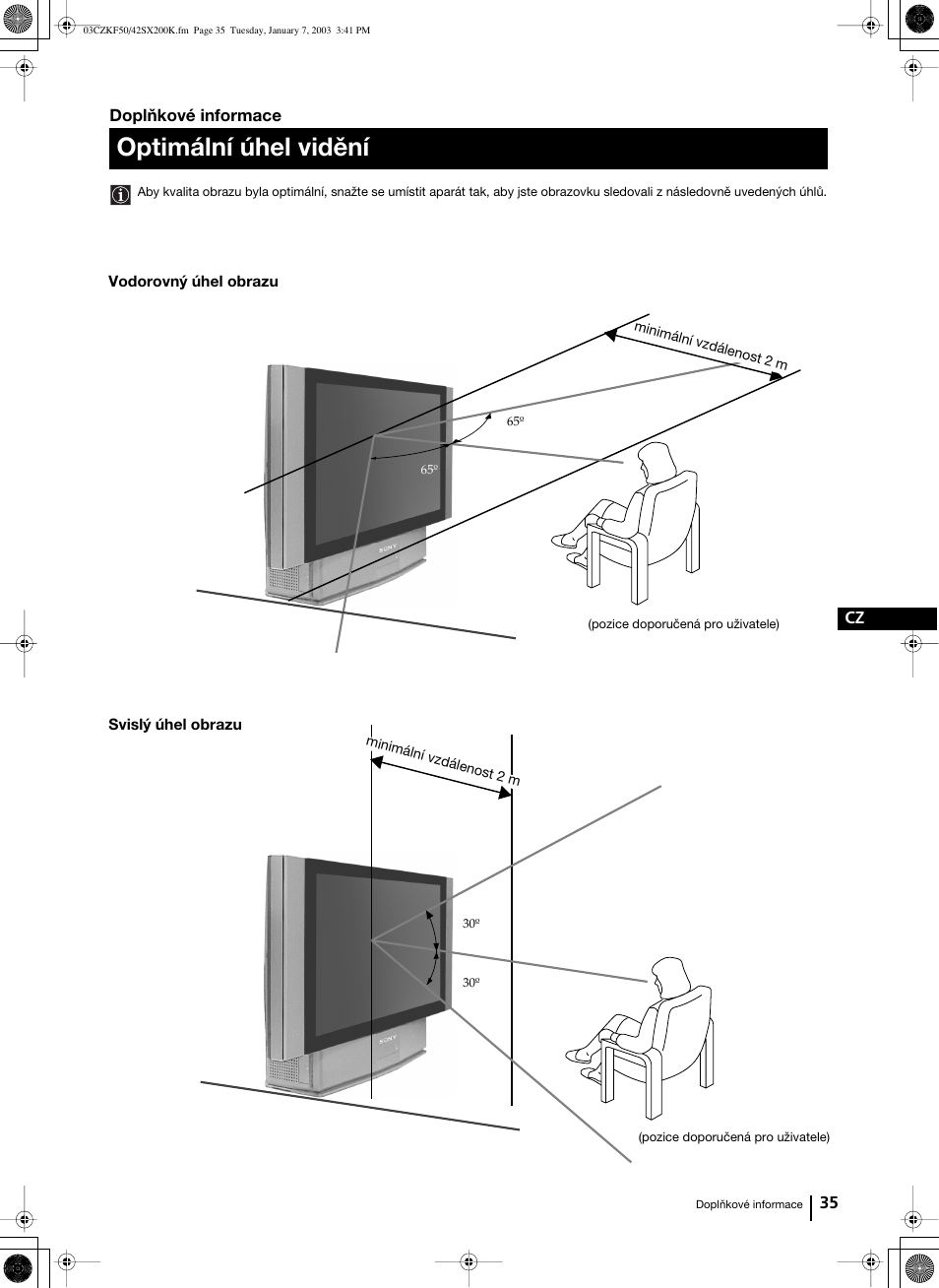 Optimální úhel vidění | Sony Grand Wega KF-42SX200K User Manual | Page 104 / 212