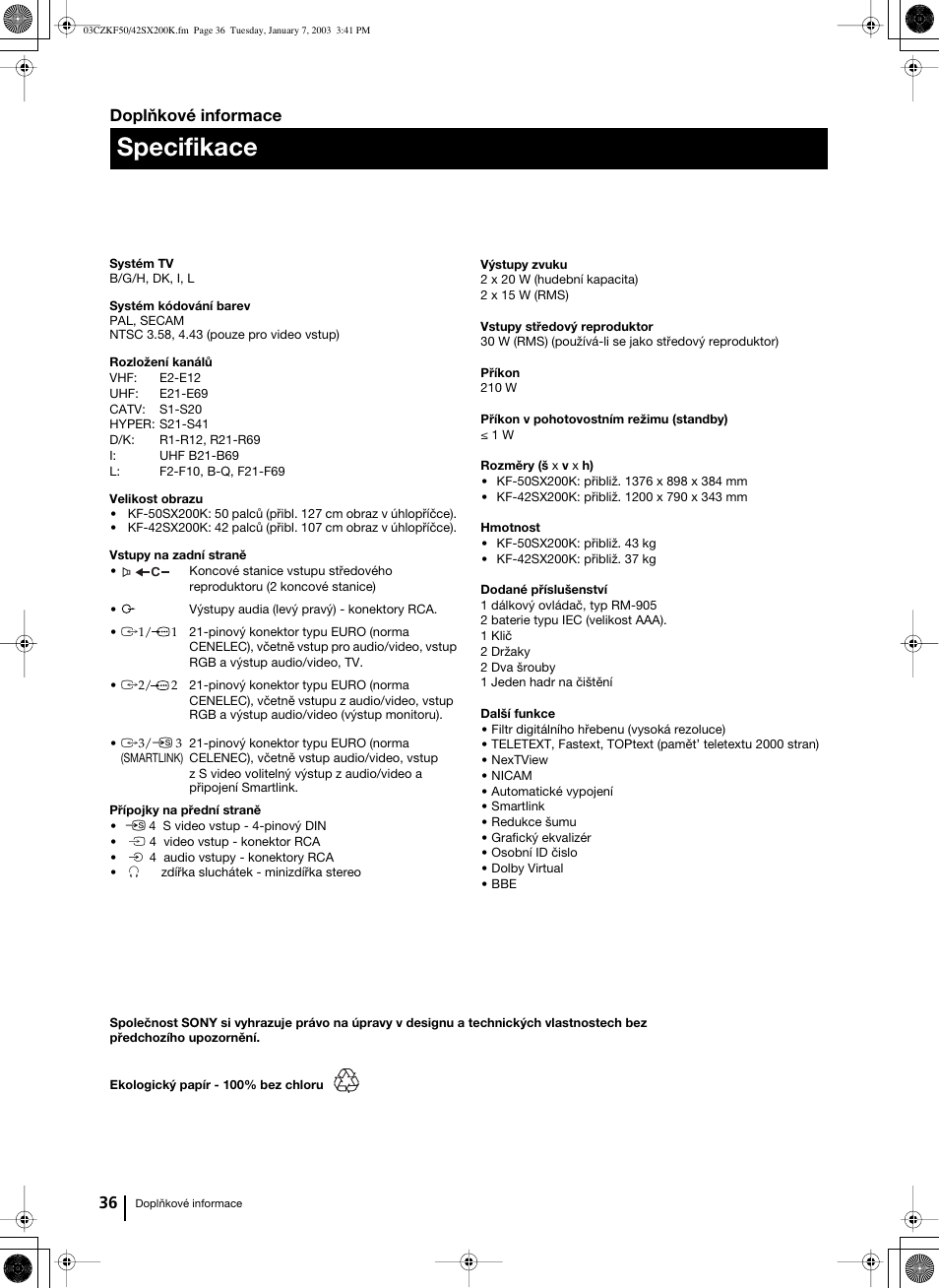 Specifikace, 36 doplňkové informace | Sony Grand Wega KF-42SX200K User Manual | Page 105 / 212