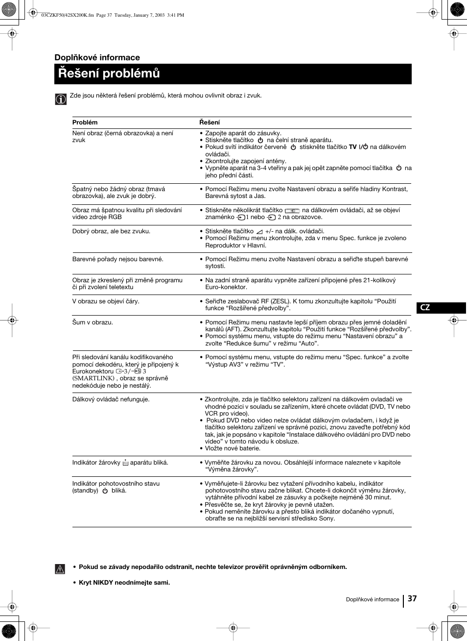 Řešení problémů, 37 cz, Doplňkové informace | Sony Grand Wega KF-42SX200K User Manual | Page 106 / 212