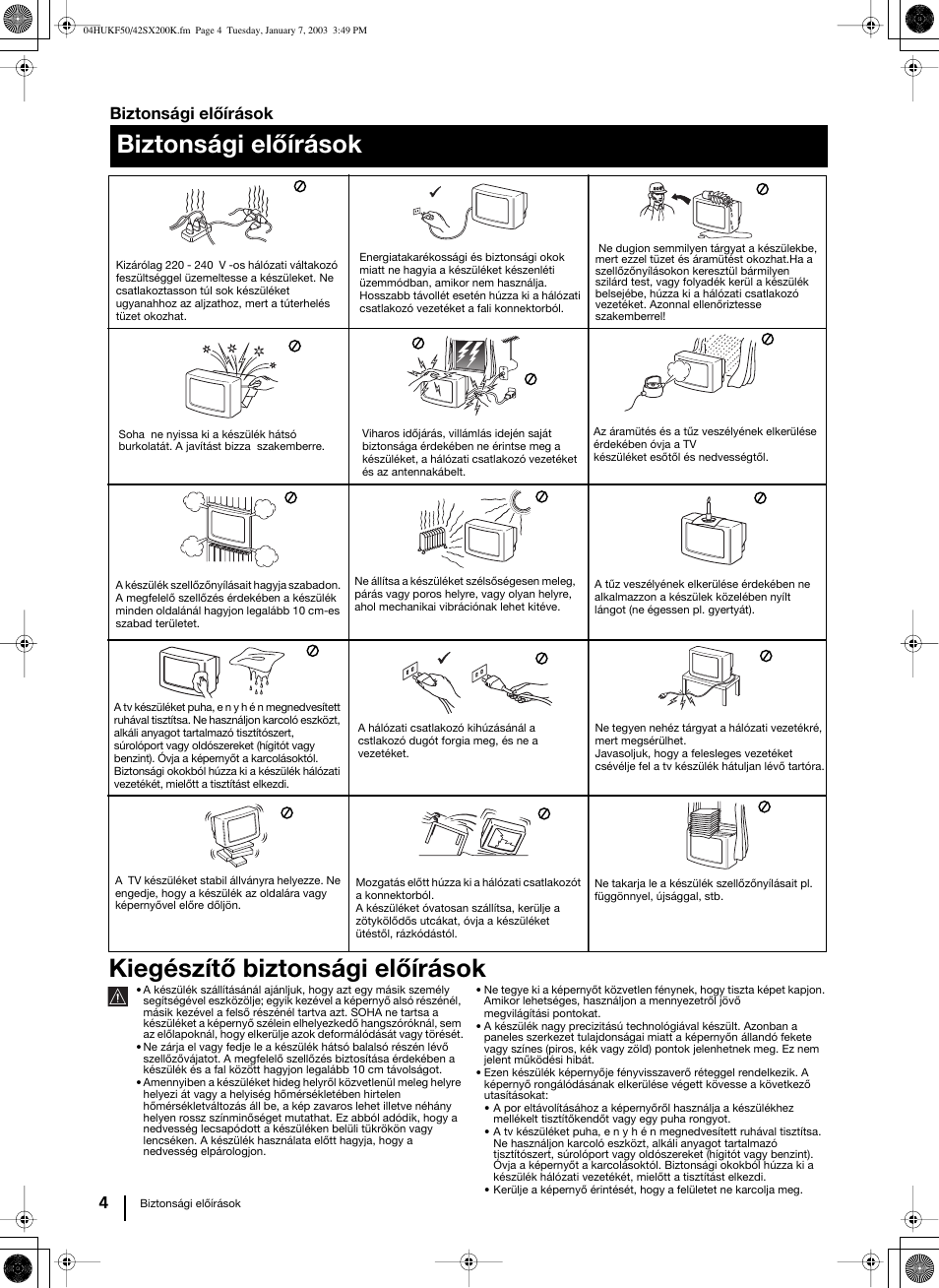 Biztonsági előírások | Sony Grand Wega KF-42SX200K User Manual | Page 108 / 212