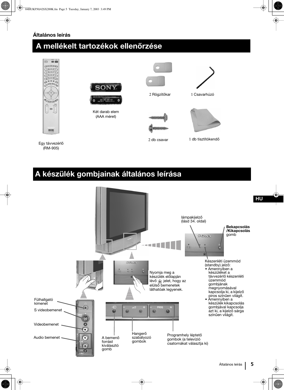 5 hu, Általános leírás | Sony Grand Wega KF-42SX200K User Manual | Page 109 / 212