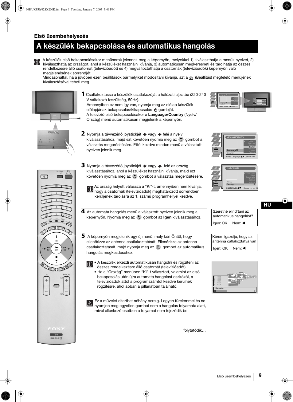 A készülék bekapcsolása és automatikus hangolás, 9hu első üzembehelyezés | Sony Grand Wega KF-42SX200K User Manual | Page 113 / 212