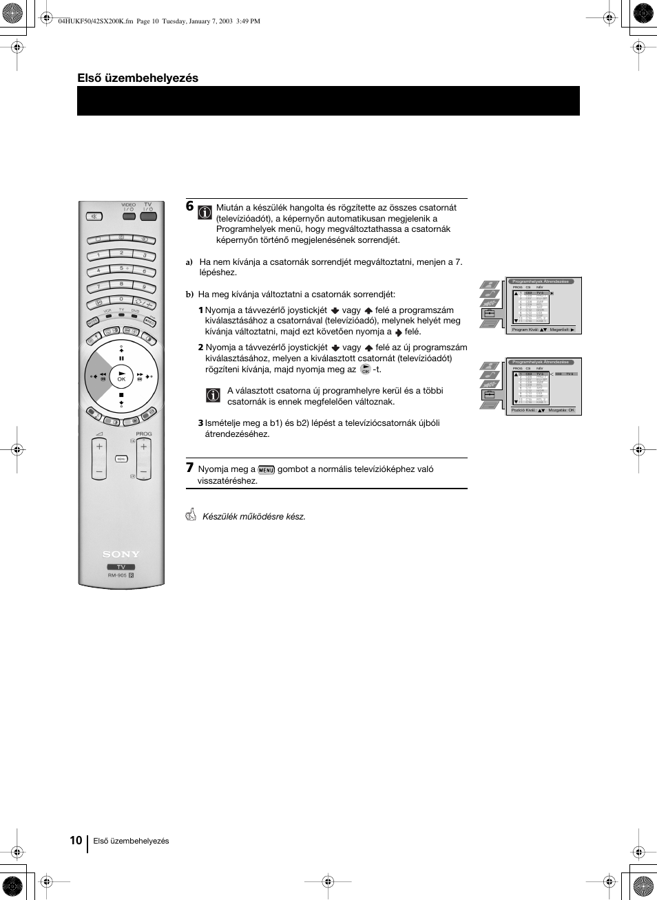 10 első üzembehelyezés | Sony Grand Wega KF-42SX200K User Manual | Page 114 / 212