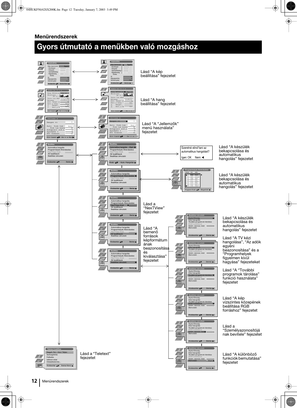 Gyors útmutató a menükben való mozgáshoz, Menürendszerek | Sony Grand Wega KF-42SX200K User Manual | Page 116 / 212