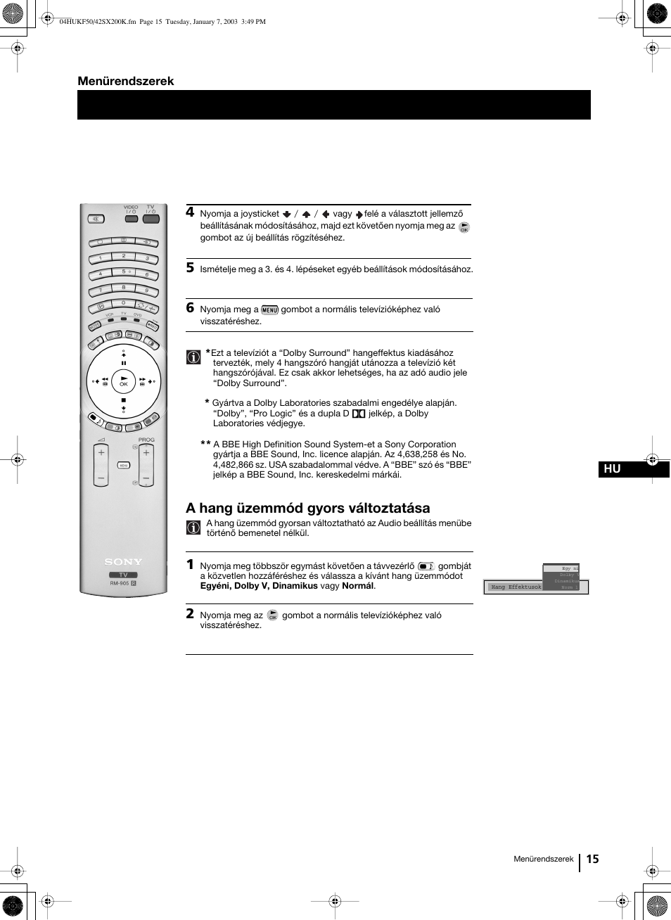 A hang üzemmód gyors változtatása, 15 hu, Menürendszerek | Sony Grand Wega KF-42SX200K User Manual | Page 119 / 212