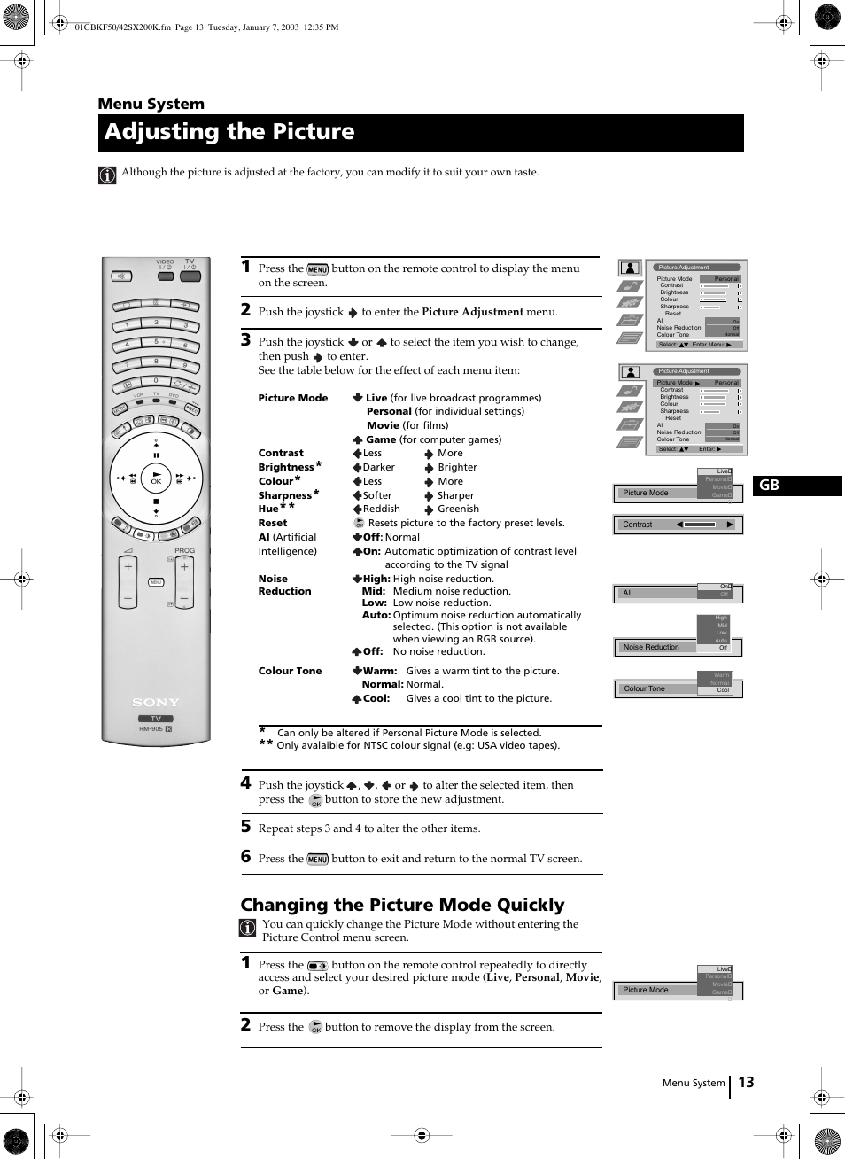 Adjusting the picture, Changing the picture mode quickly, 13 gb | Menu system | Sony Grand Wega KF-42SX200K User Manual | Page 12 / 212