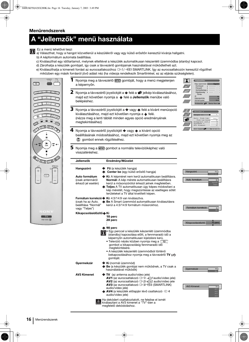 A “jellemzők” menü használata, Menürendszerek | Sony Grand Wega KF-42SX200K User Manual | Page 120 / 212