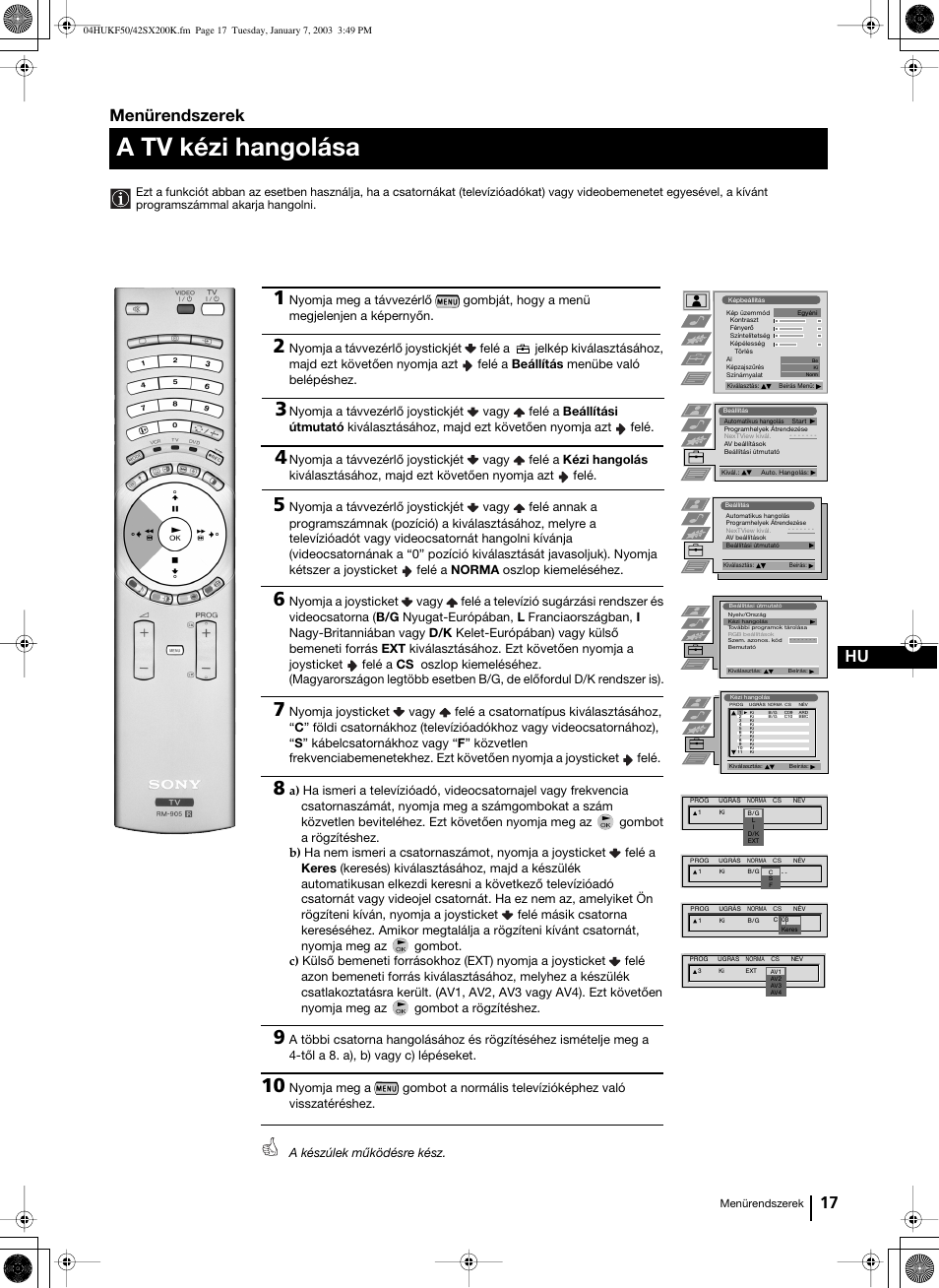 A tv kézi hangolása, 17 hu, Menürendszerek | Sony Grand Wega KF-42SX200K User Manual | Page 121 / 212