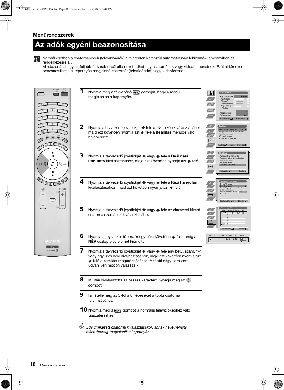 Az adók egyéni beazonosítása, Menürendszerek | Sony Grand Wega KF-42SX200K User Manual | Page 122 / 212