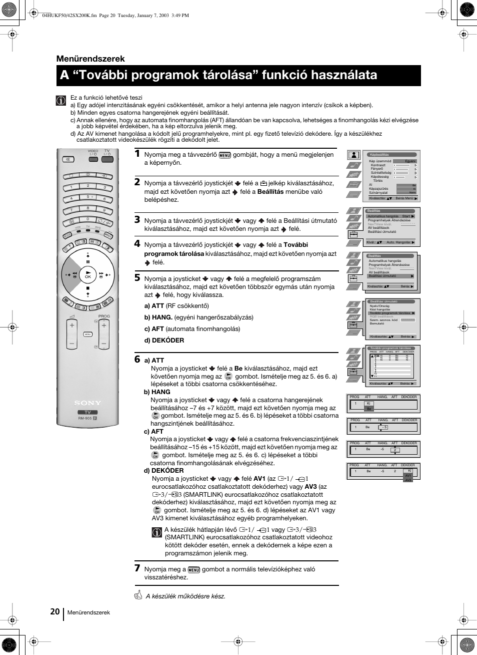 A “további programok tárolása” funkció használata, Menürendszerek | Sony Grand Wega KF-42SX200K User Manual | Page 124 / 212