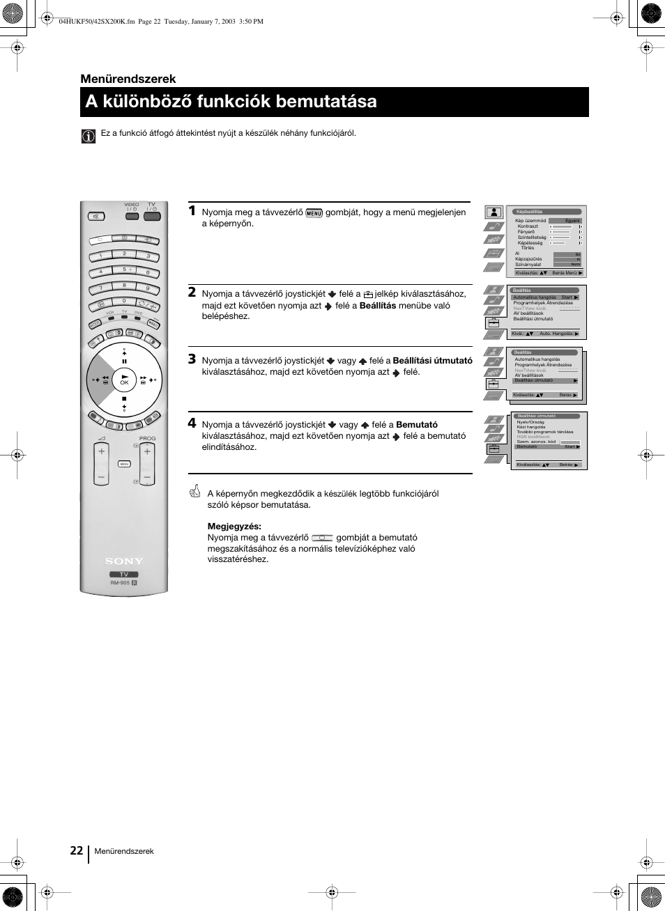 A különböző funkciók bemutatása, 22 menürendszerek | Sony Grand Wega KF-42SX200K User Manual | Page 126 / 212