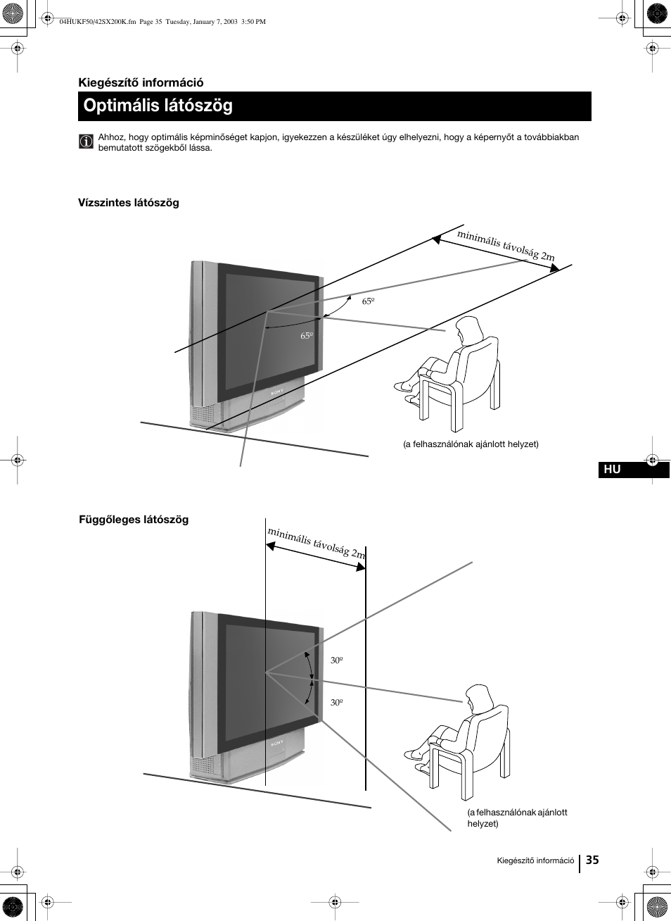 Optimális látószög | Sony Grand Wega KF-42SX200K User Manual | Page 139 / 212