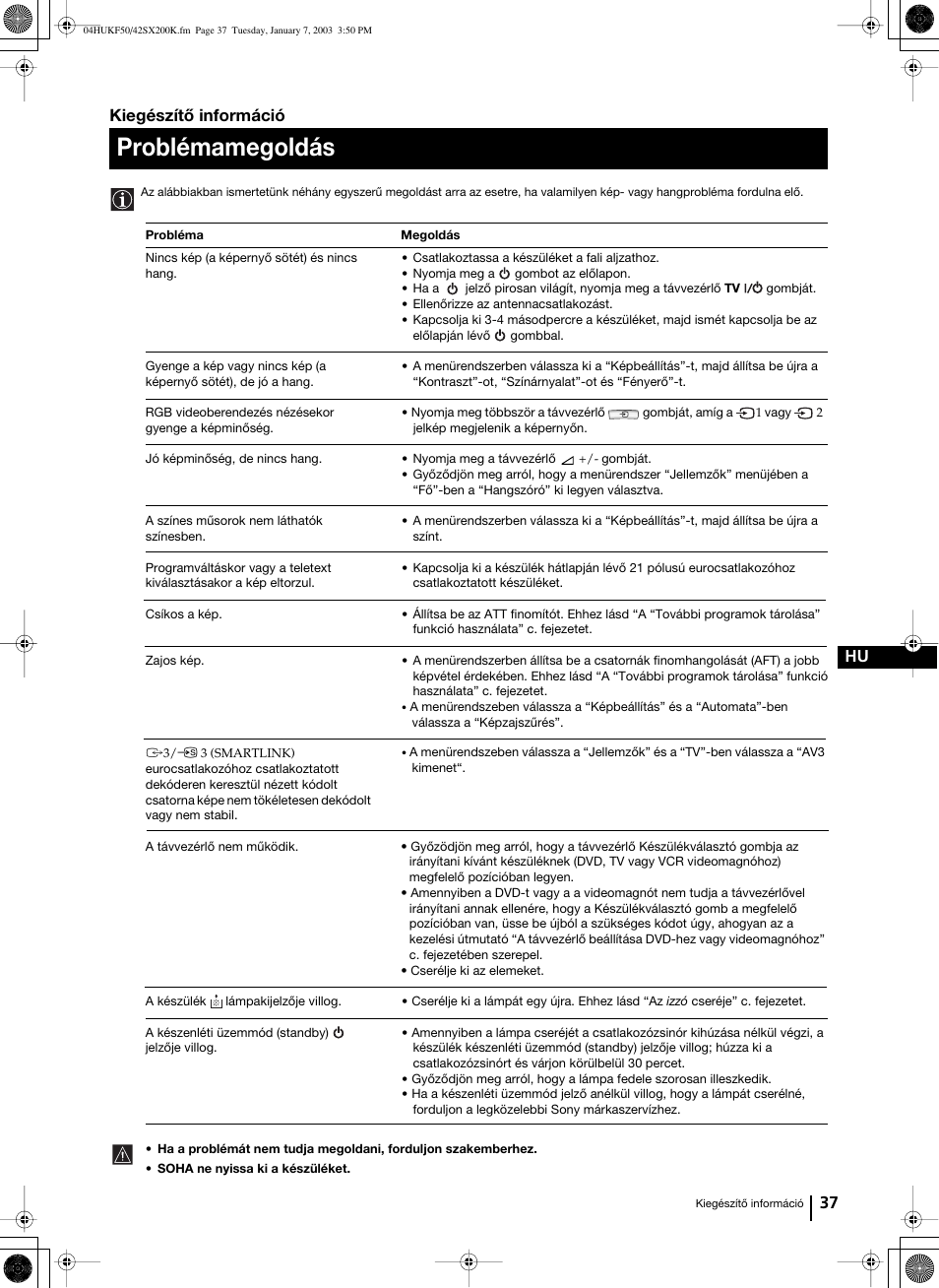 Problémamegoldás, 37 hu, Kiegészítő információ | Sony Grand Wega KF-42SX200K User Manual | Page 141 / 212