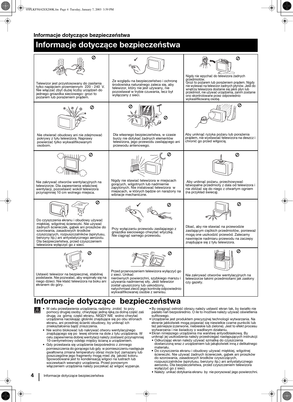 Informacje dotyczące bezpieczeństwa | Sony Grand Wega KF-42SX200K User Manual | Page 143 / 212