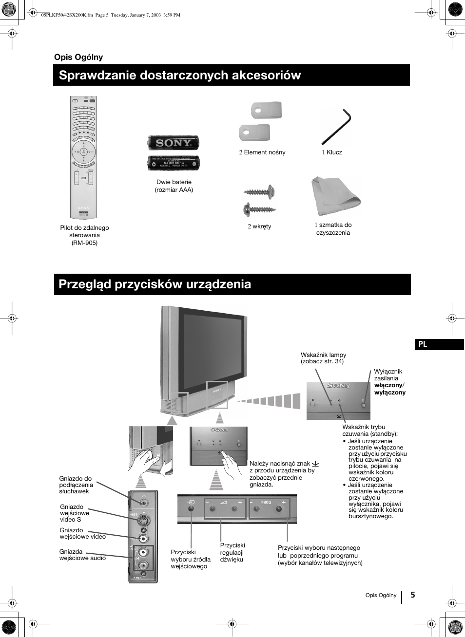 Sprawdzanie dostarczonych akcesoriów, Przegląd przycisków urządzenia, 5 pl | Opis ogólny | Sony Grand Wega KF-42SX200K User Manual | Page 144 / 212