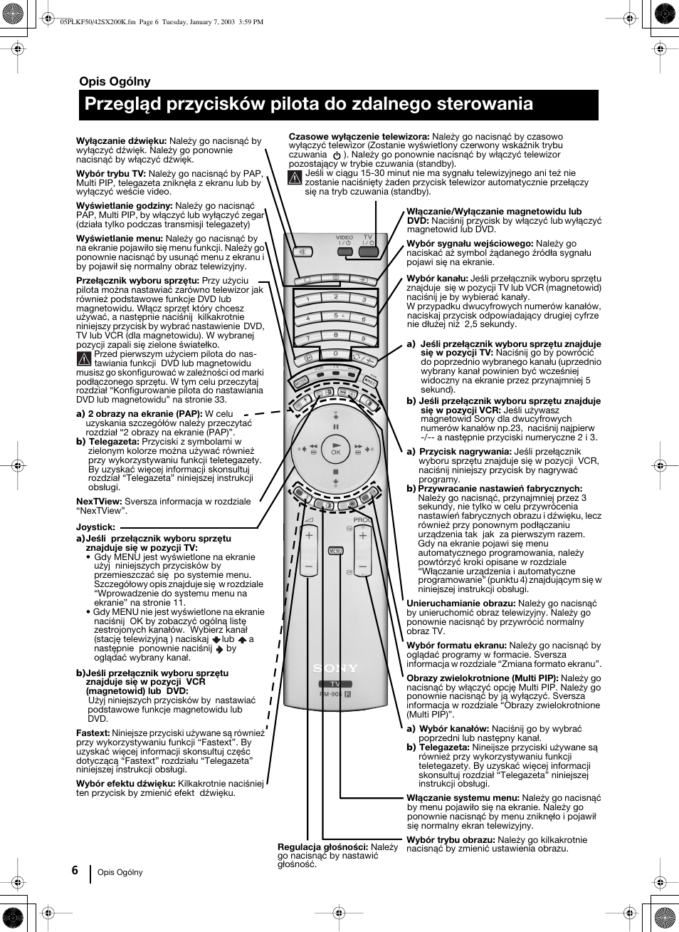 Przegląd przycisków pilota do zdalnego sterowania, Opis ogólny | Sony Grand Wega KF-42SX200K User Manual | Page 145 / 212