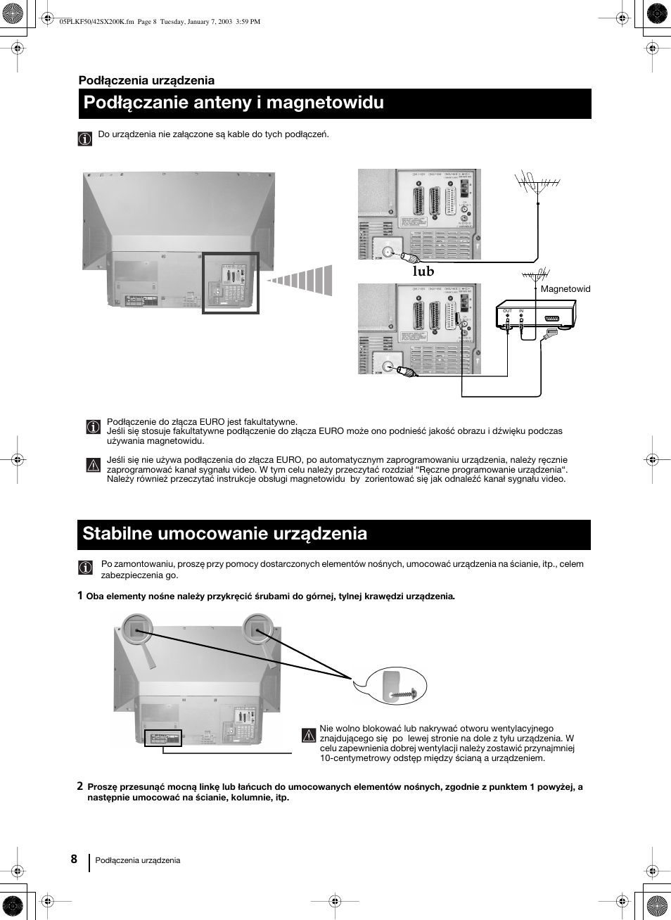 Stabilne umocowanie urządzenia the set, Podłączanie anteny i magnetowidu | Sony Grand Wega KF-42SX200K User Manual | Page 147 / 212