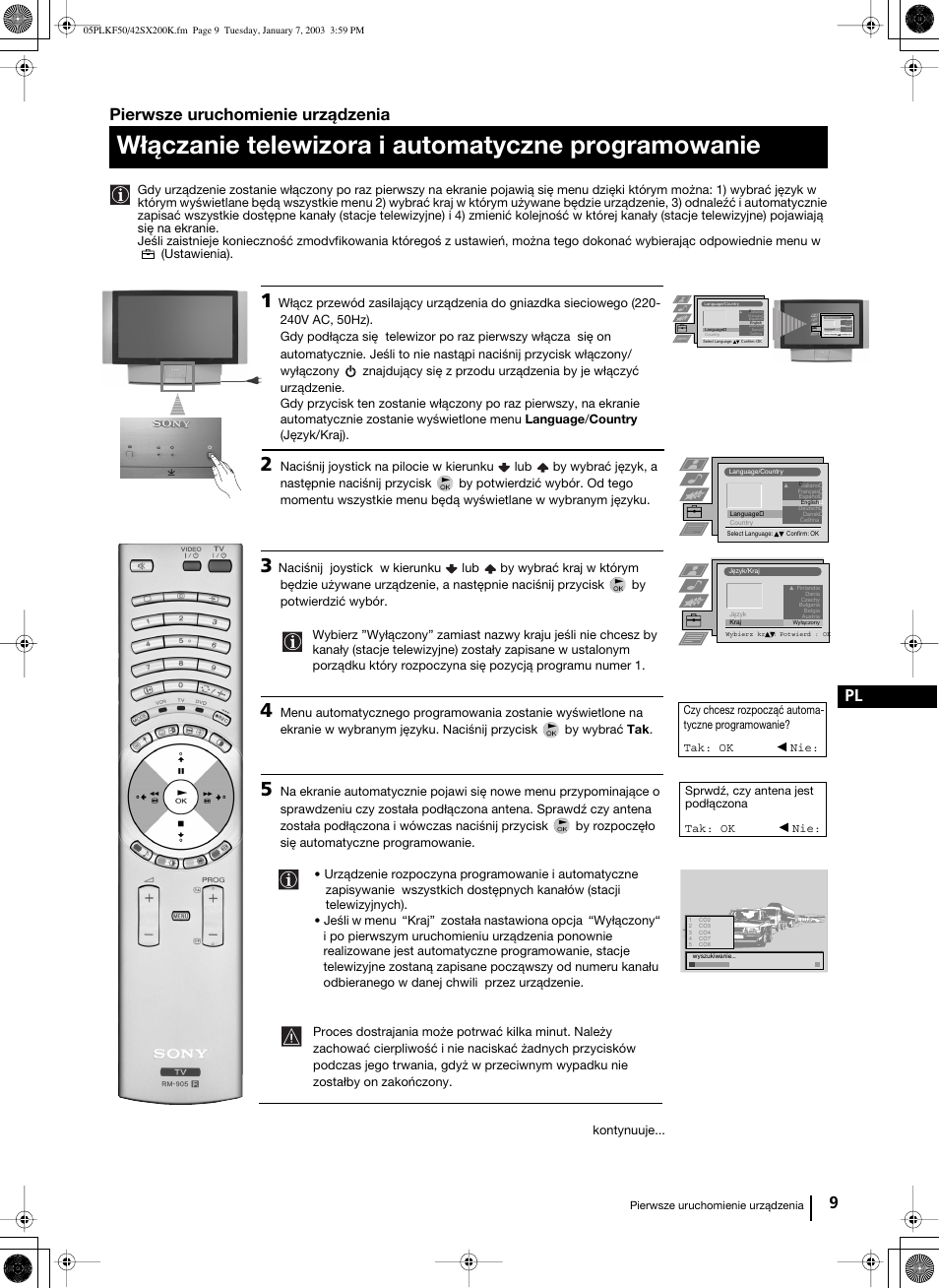 Włączanie telewizora i automatyczne programowanie, 9 pl pierwsze uruchomienie urządzenia | Sony Grand Wega KF-42SX200K User Manual | Page 148 / 212